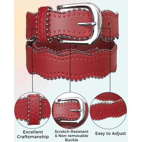 Belts For Women – Red Vegan Leather Waist Belt With Wavy Edge Silver Buckle –